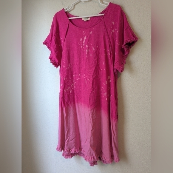 Umgee Hot Pink Ombre Frayed Flowy Linen Blend Mini Dress Size L Barbie Beach - Picture 7 of 15
